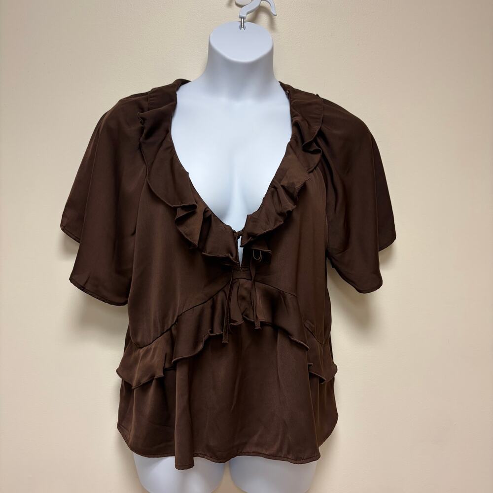 Old Navy Espresso Brown Satin Ruffle Tie-Front Top Coquette Boho Romantic XLTall